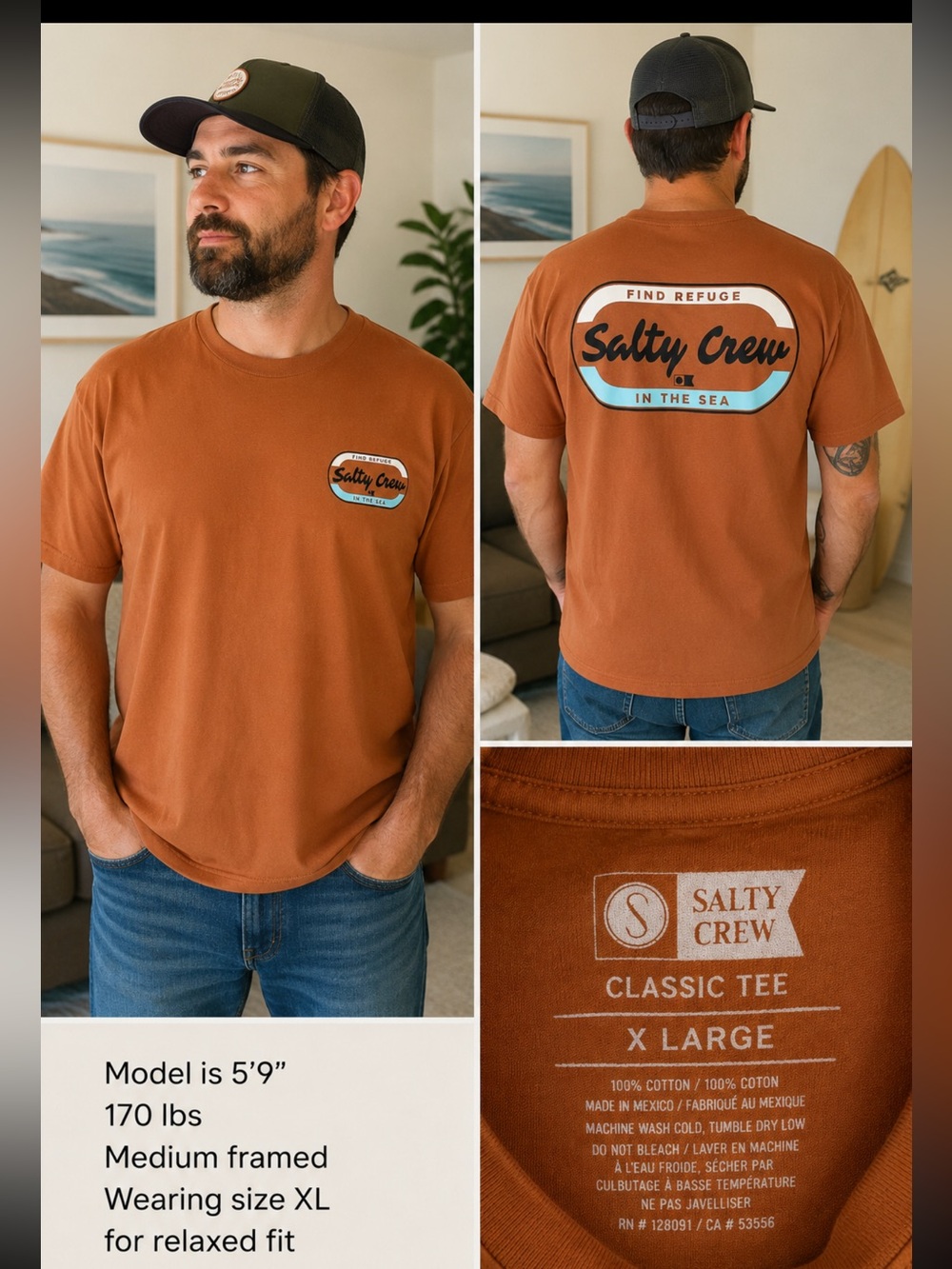 Salty Crew classic Short Sleeve Tee in Rust brown, 100% cotton graphic T-shirt.